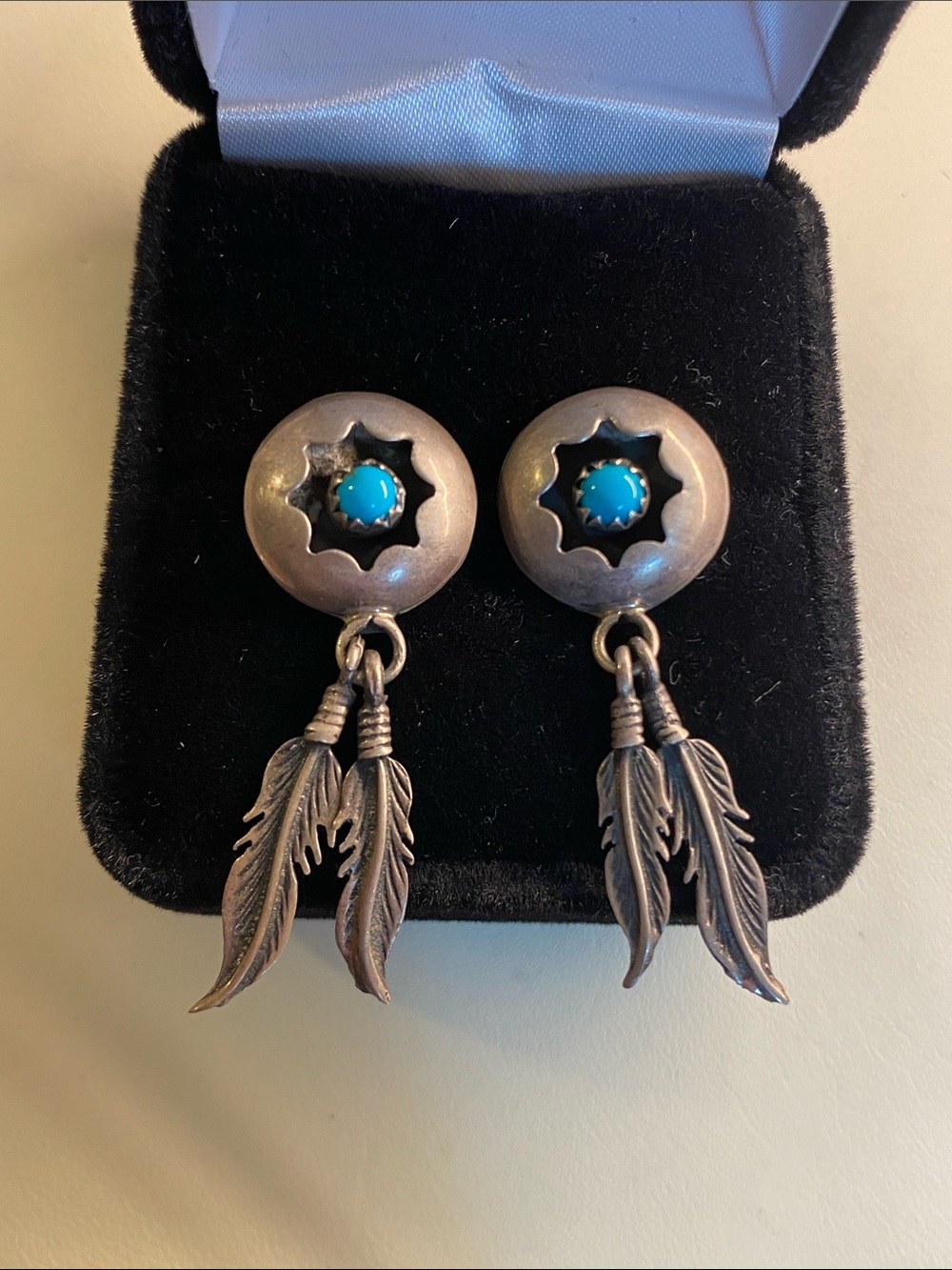 Vintage Navajo R Francisco Sterling Turquoise Feather Earrings